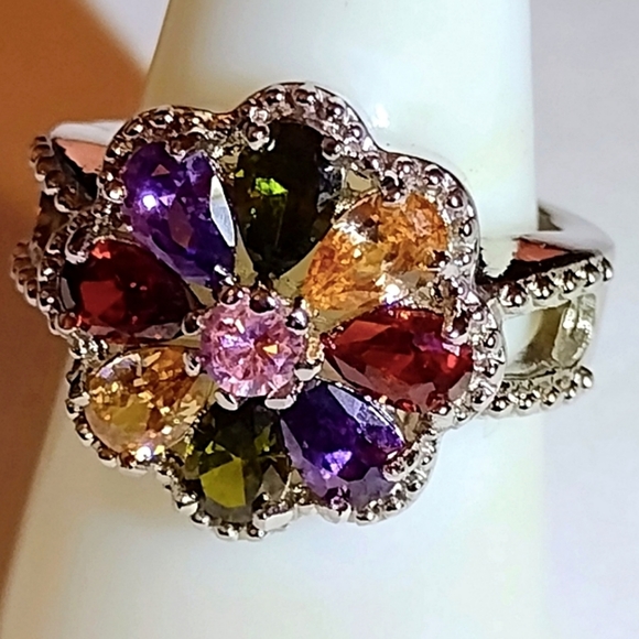 FLOWER MULTI-COLORED GEM RING - Picture 11 of 11
